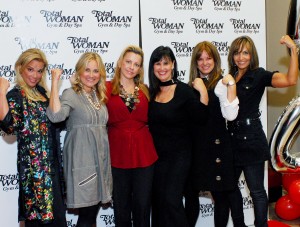Left to right: Chase Masterson (Star Trek Deep Space Nine)  Maureen McCormick  (Celebrity Fit Club/Marcia Brady) Karen Wischmann (CEO of Total Woman Gym & Day Spa) Quinn Fry (OC Housewives), Jeana Keough (OC Housewives), Janeane Bernstein (Momz Rock The House Radio Show). 