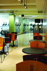 The café and cardio floor at the Healthworks Back Bay location in Copley Square, downtown Boston.